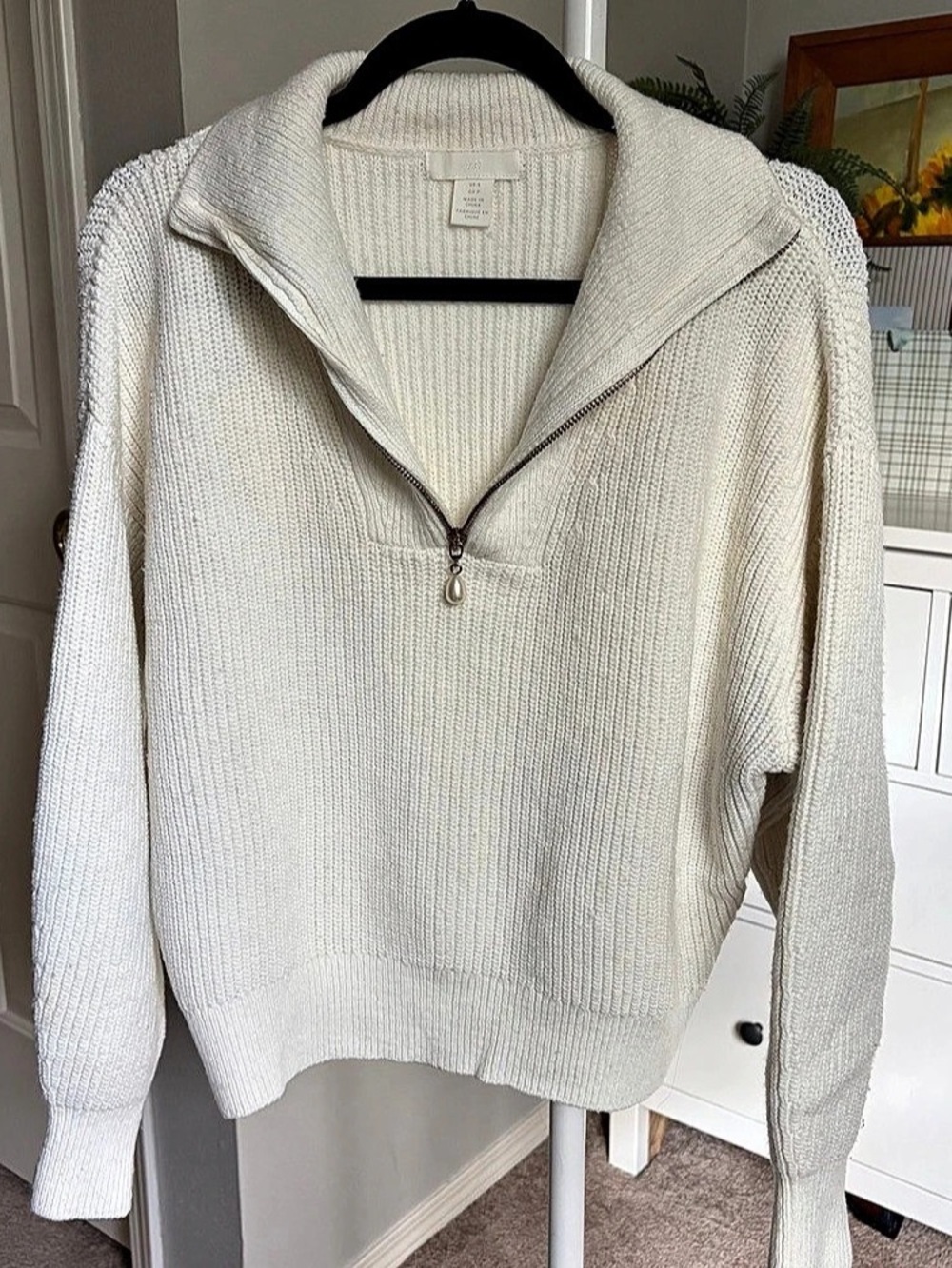 H&M White Half Zip Knit Sweater with Pearl Detail